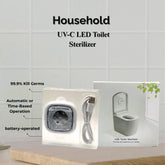 Household UV-C LED Toilet Sterilizer with packaging on a bathroom background